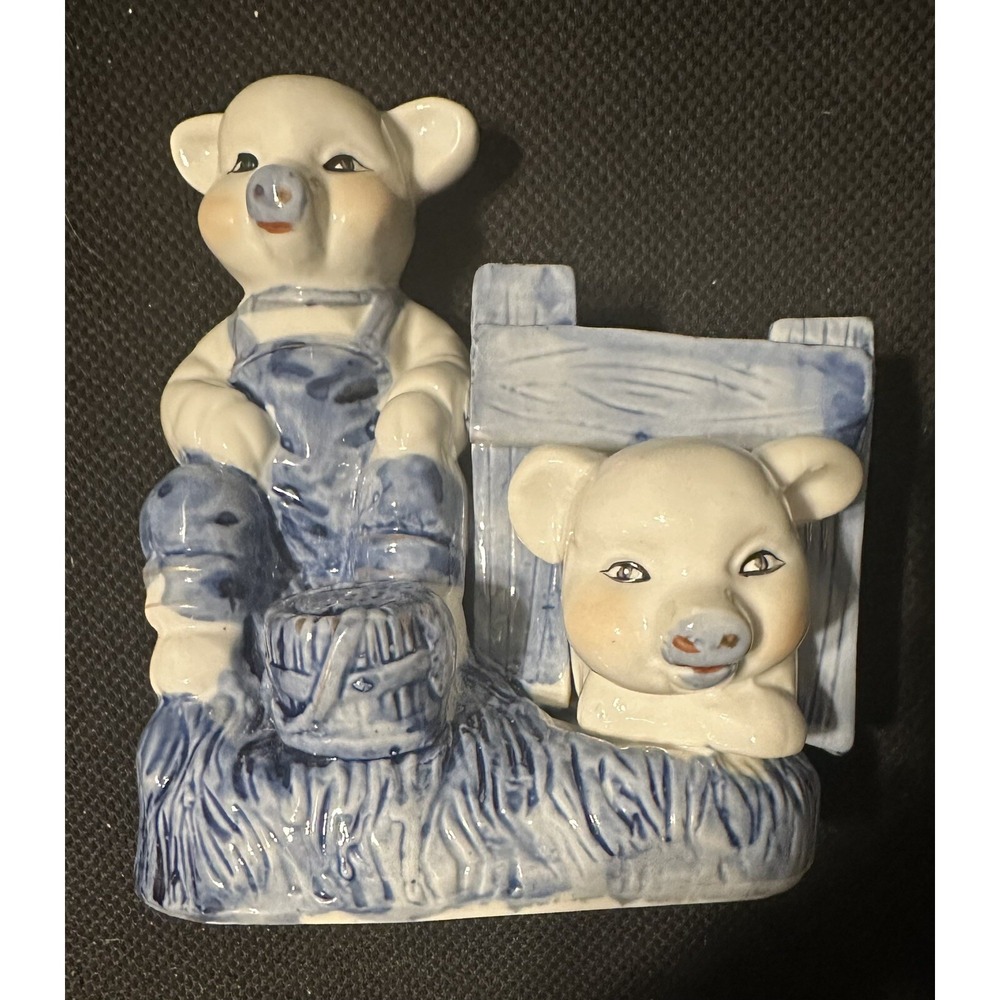 Blue White Country‎ Pigs Wearing Overalls Stuck in Fence Figurine, Farm Art